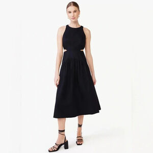 NWT Scoop Women's Linen Side Cutout Midi Dress Black Crew Neck Size XL